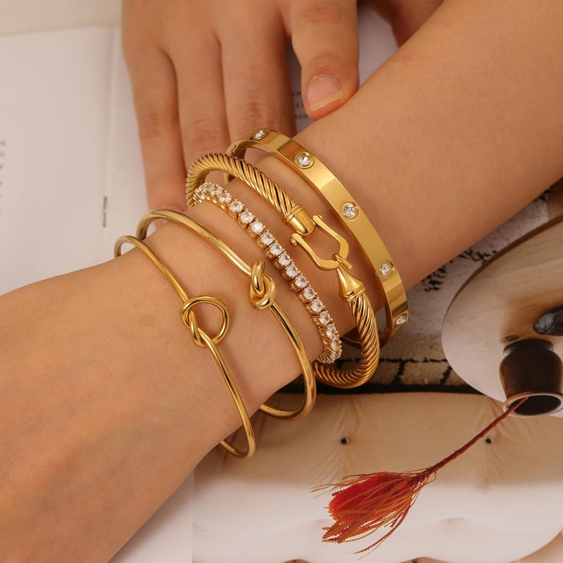 FAFUGA 18 K Gold Plated Love Bangle Bracelet Stack Cuff Jewelry for Women Jewelry Set for Women Gift with Box - Image 3